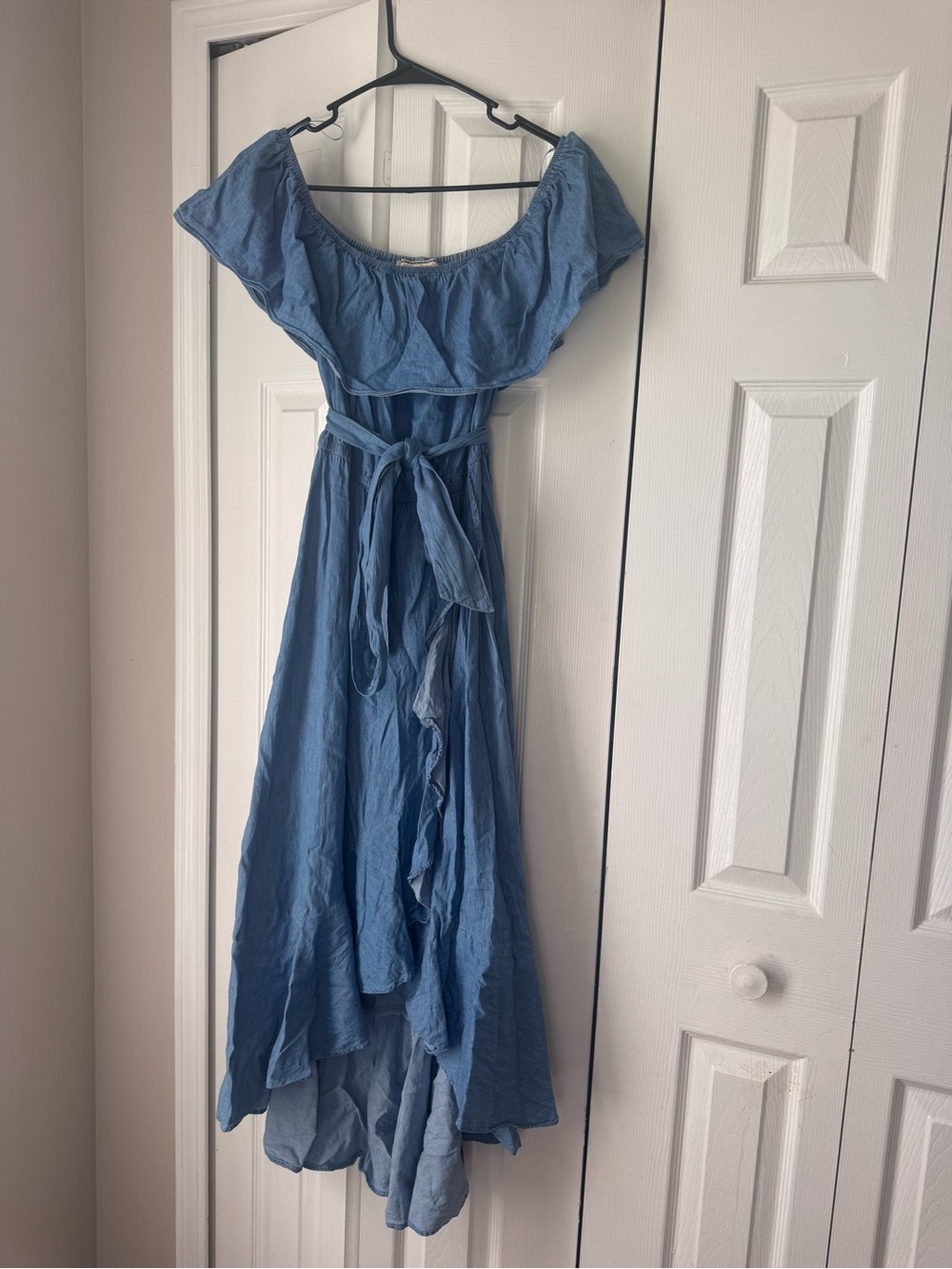 Flying Tomato Chambray Ruffle Off Shoulder High Low Midi Wrap Dress